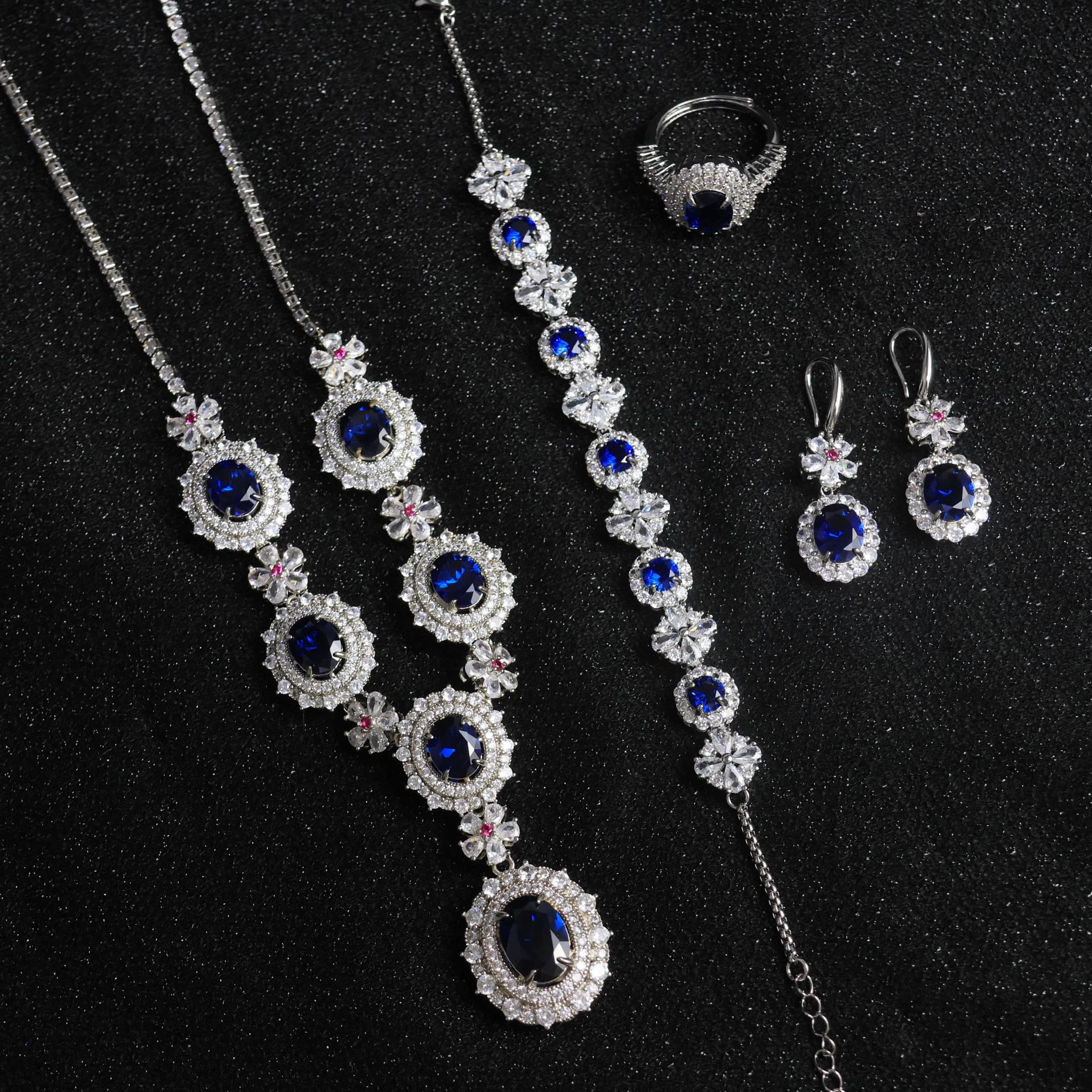 Laboratory Grown Diamonds Sapphire Jewelry Set Women Luxury Zircon Sapphire Ring Earrings Bracelet Necklace Jwellery Sets