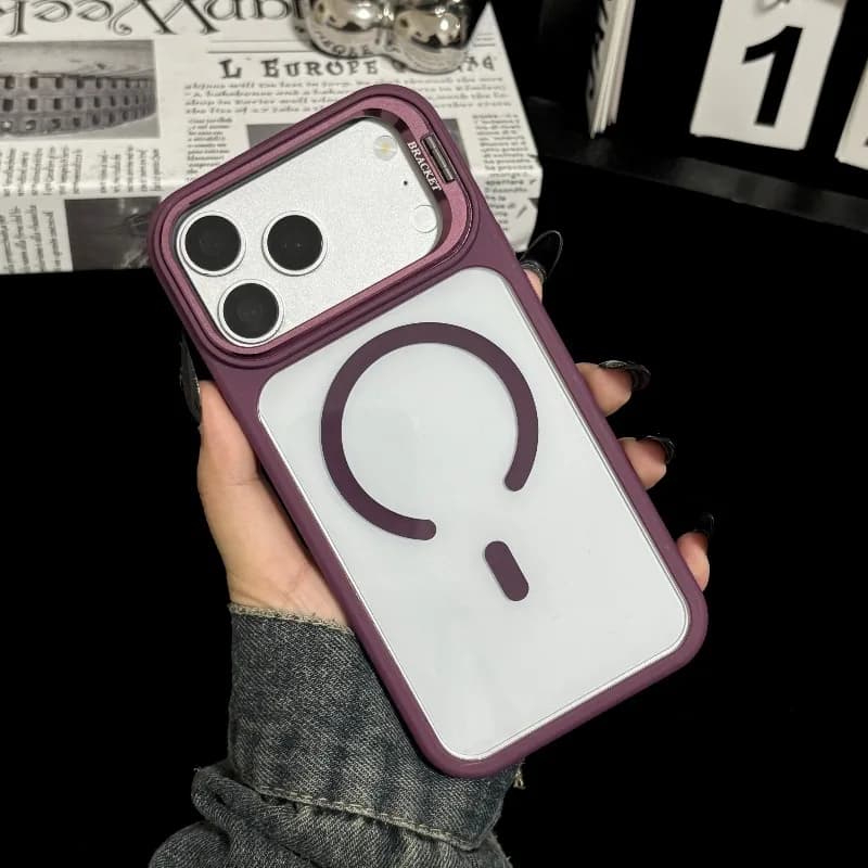 Luxury Built-In Lens Stand For MagSafe Phone Case For iPhone 18 Pro Max 17 16 15 14 13 Wireless Charging Ice Crystal Clear Cover
