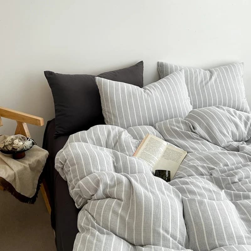 Korean Cotton Bed Linen Set Waist Washed, 3/4 Pieces, Cover+Lenzuolo+Basket Sheet, Single Measures, Double, Queen