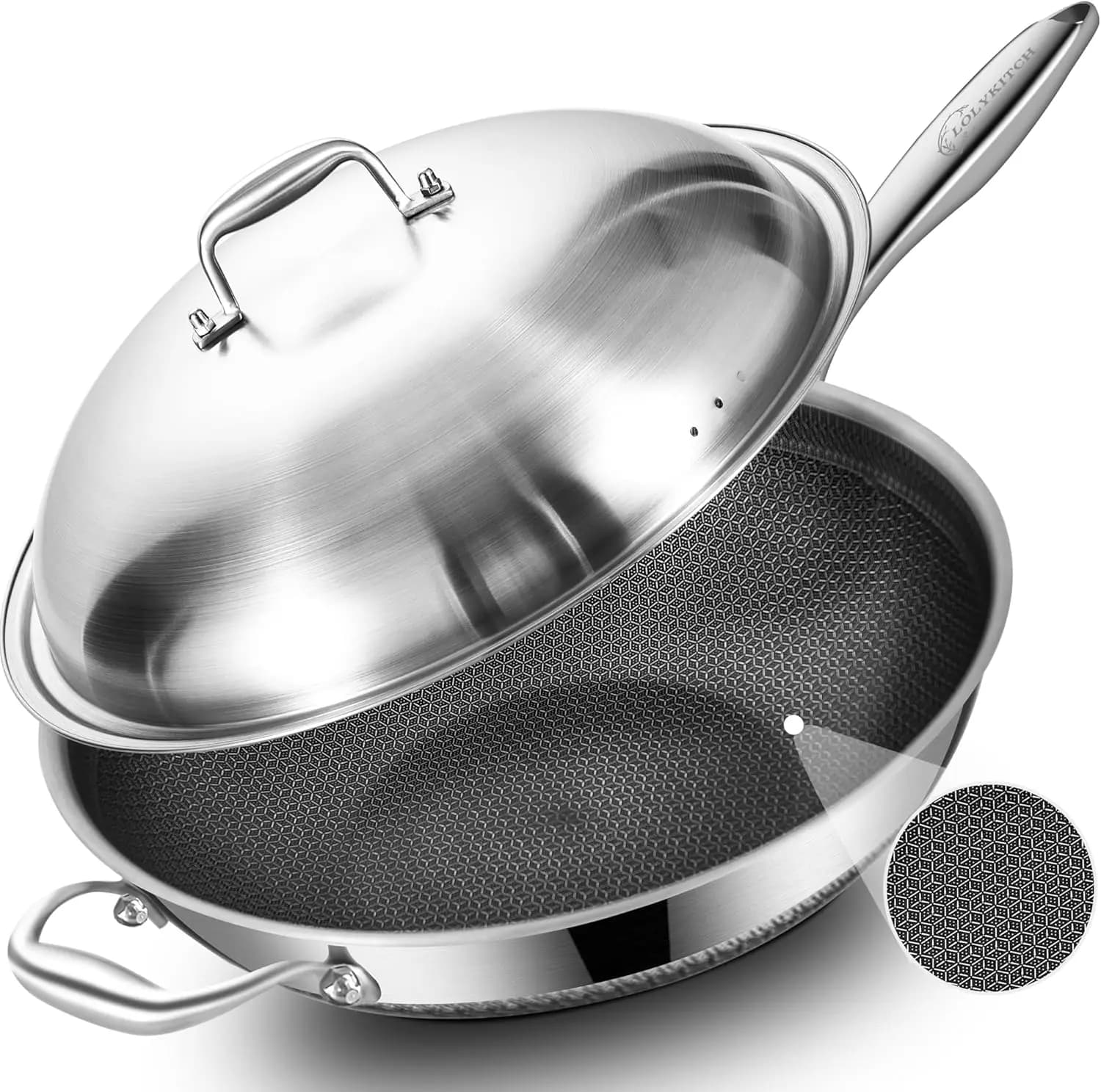 Wok Antiaderente in Acciaio Inossidabile da 14,5 Pollici con Coperchio, Compatibile con Induzione - Lavabile in Lavastoviglie e Adatto al Forno, Senza PFOA