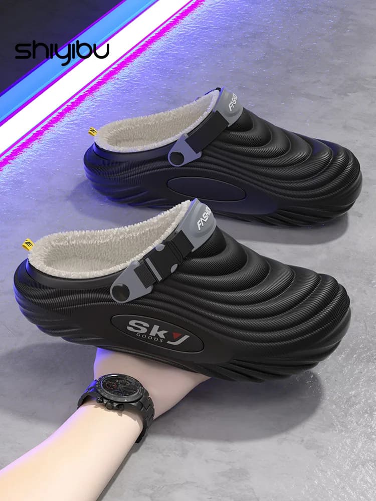 Men's Cotton Slippers Indoor Home Waterproof Anti-slip Winter Wearable Comfortable Warm Fashionable Striped Design EVA Bottom
