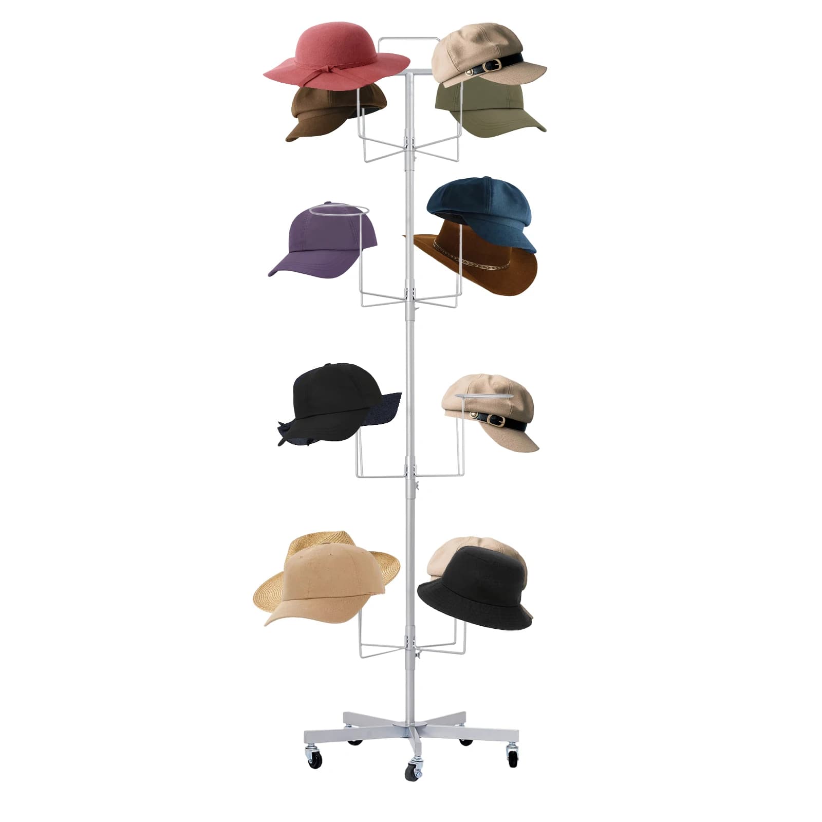 Rollable Freestanding Headwear Display Trolley, Floor-Standing Retail Cap Organizer Stand with Casters, Mobile Boutique Hat Display Holder Rack