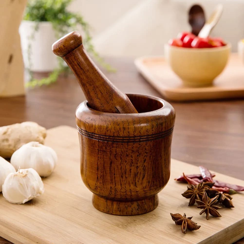Set di Mortaio e Pestello in Legno per Cucina, Ergonomico, per Tritare Aglio e Spezie, Utensile da Cucina per Uso Domestico