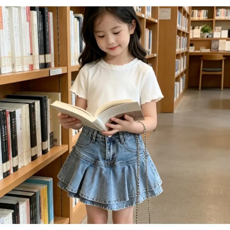 Set estivo per bambine con t-shirt a maniche corte e gonna corta, completo traspirante per neonate, gonna in denim a tinta unita a mezza manica.