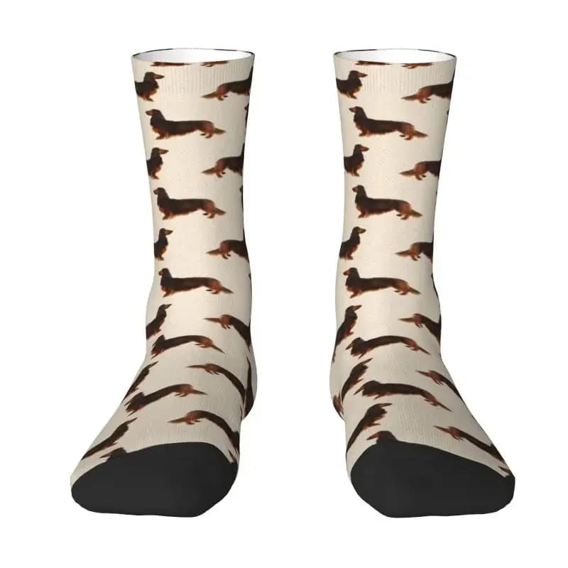 Long Hair Dachshund Cream Pattern Sausage Dog Print Dress Socks Mens Womens Warm Fashion Pet Wiener Crew Socks