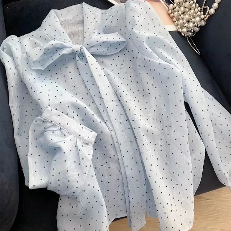 Light Blue Tiny Black Polka Dot Bow Tie Neck Long Sleeve Blouse Women Wrinkle Textured Chiffon Puff Cuff Elegant Office Shirt