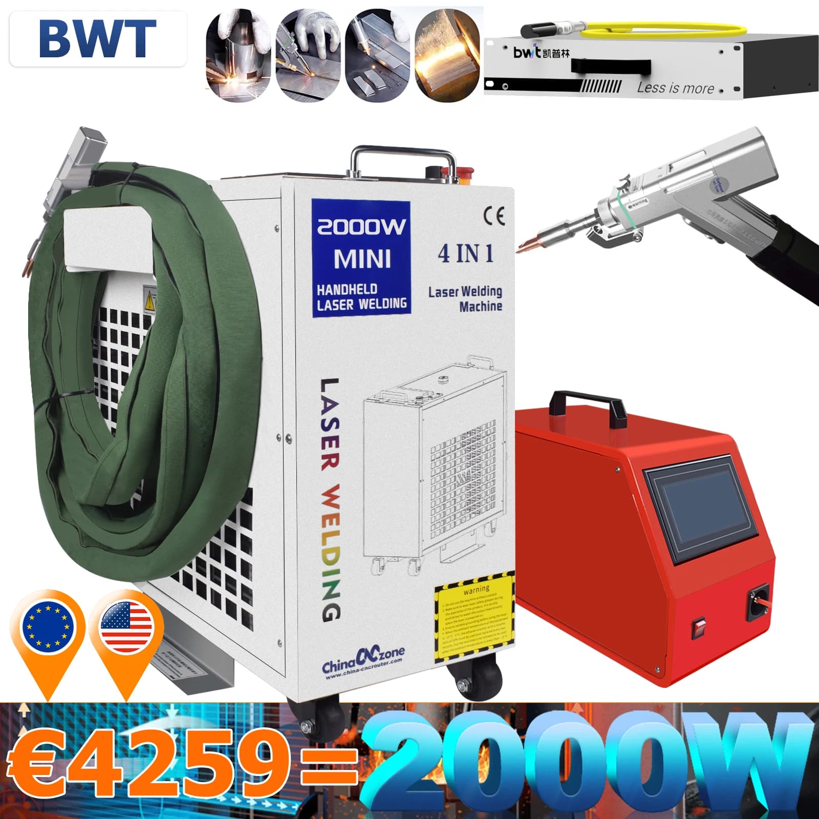 Saldatrice laser 4 in 1 Saldatore laser a fibra da 2000 W Pulizia Saldatura Taglio Raffreddamento ad acqua per testa saldatore SUP 23T in metallo