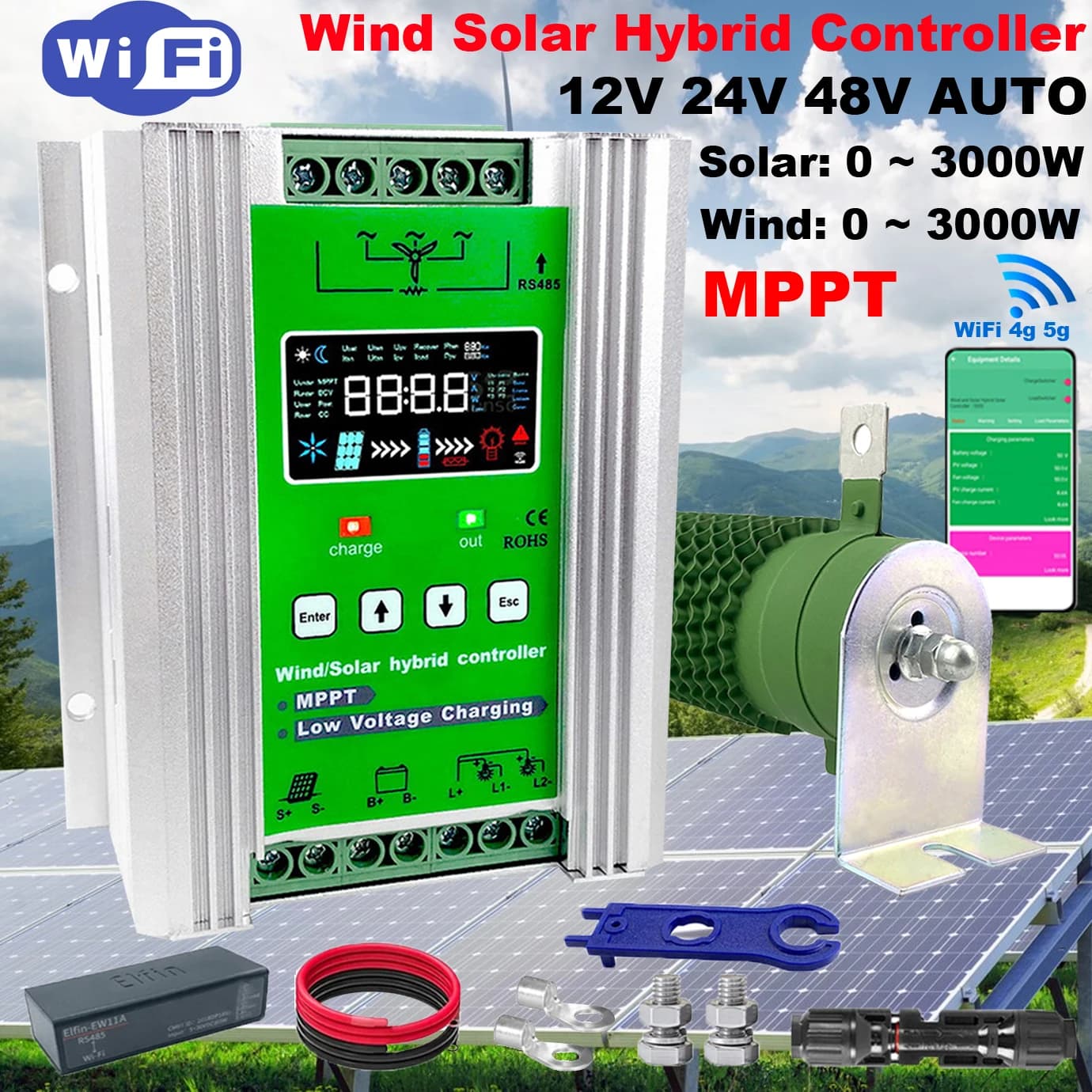 12V 24V 48V 4000W 6KW WIFI Wind Solar Hybrid Controller 160A 100A 80A Solar Panel Wind Turbine MPPT Battery Charging Regulator