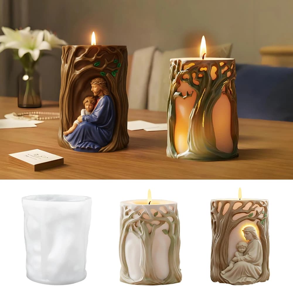 LZ123 3D Life Tree Candle Molds Handmade Jesus Relief Aromatherapy Wax Gypsum Resin Silicone Mold For Art Cratfs