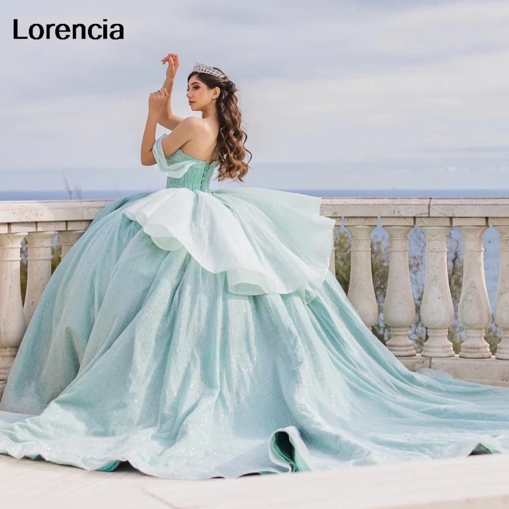 Abito Quinceanera personalizzato menta Abito da ballo Lucido Applique Perline Corsetto a strati di cristallo Dolce 16 Abiti da 15 anni YQD947