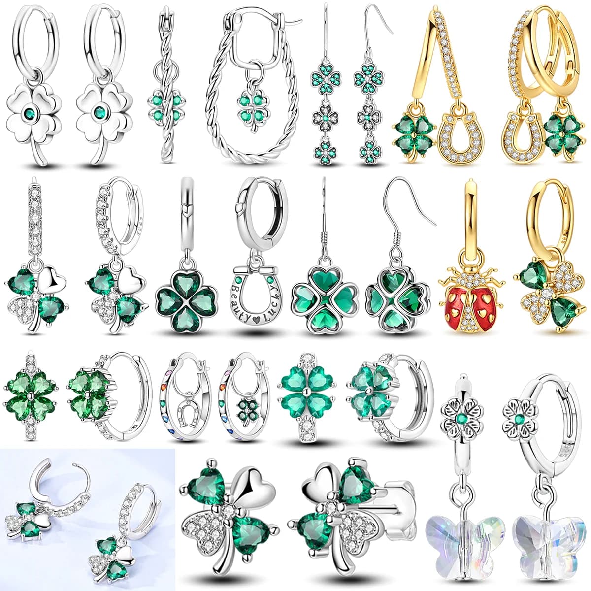 Original Silver Earrings White Four-leaf Clover CZ Zircon Women's Earrings Sparkling Pave Anniversary Delicate Fine Jewelry Gift
