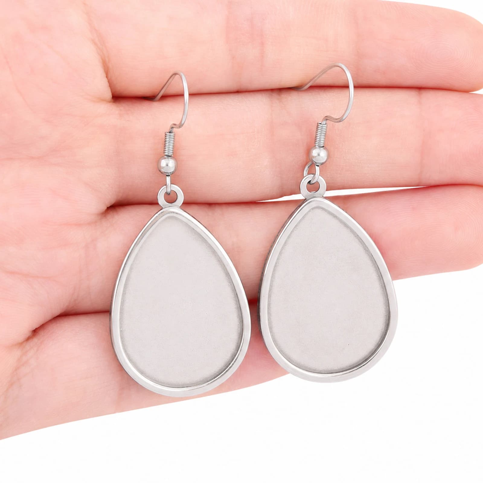 10pcs Stainless Steel Teardrop Earring Base Blanks Findings 18x25mm Cabochon Setting Trays With Hooks For Jewelry Making