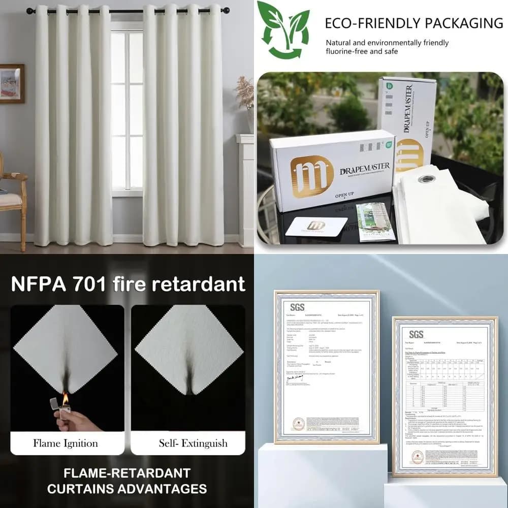 NFPA701 100% fire-resistant blackout curtains, no fluorine, 52x96 inches, 2 panels, white