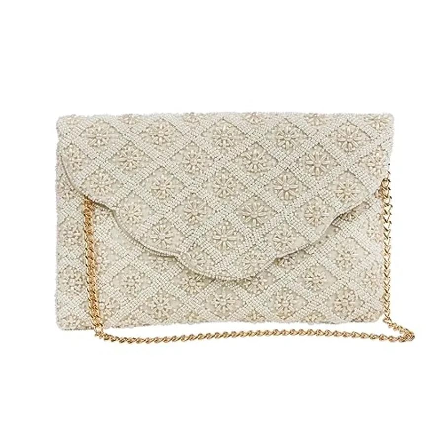 Pochette da Sposa Avorio con Perle a Conchiglia, Borsa da Sera Ricamata a Mano per Sposa, Borsa da Sera per Addio al Nubilato, Regali
