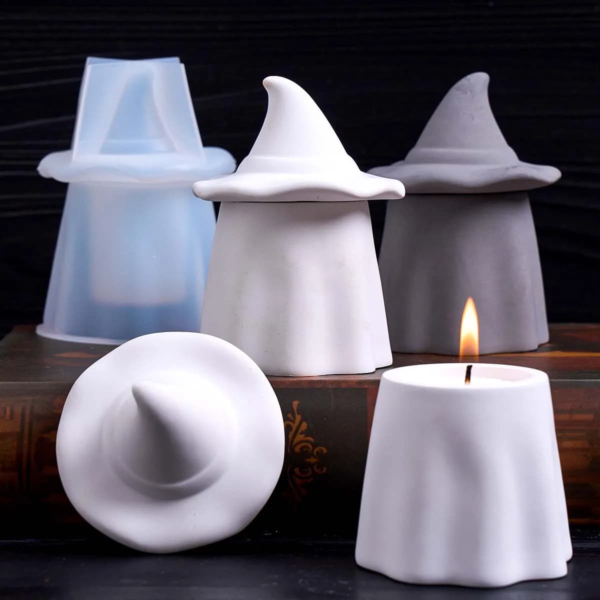 Fantasma Mago Barattolo di candele Stampo in silicone Fai da te con coperchio Scatola di immagazzinaggio in gesso Stampi per colata Resina epossidica Artigianato Creazione di decorazioni per la casa di Halloween