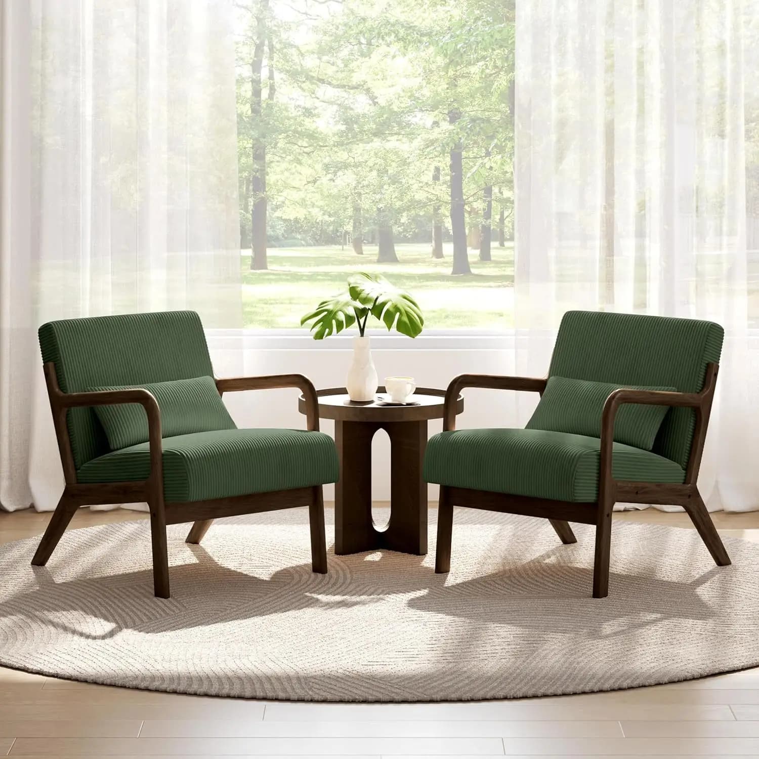 Poltrona Moderna in Velluto a Coste Stile Mid-Century con Cuscino Lombare per Soggiorno e Camera da Letto, Verde Scuro, Set di 2, Personalizzabile