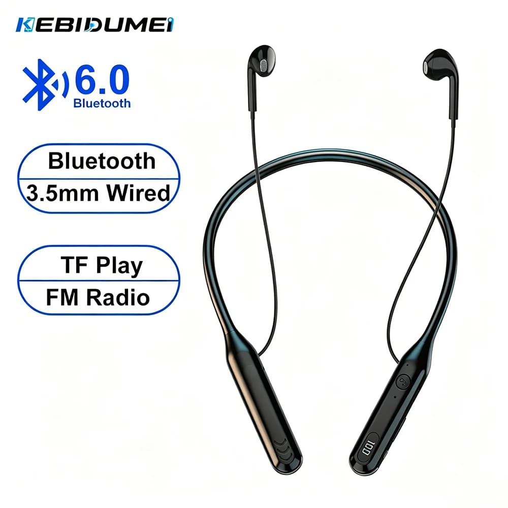 KEBIDUMEI Bluetooth 6.0 Neckband Headphones Support Wired /BT/TF/FM Radio 4 in 1 Gaming Headsets Wireless Earphones Earbuds