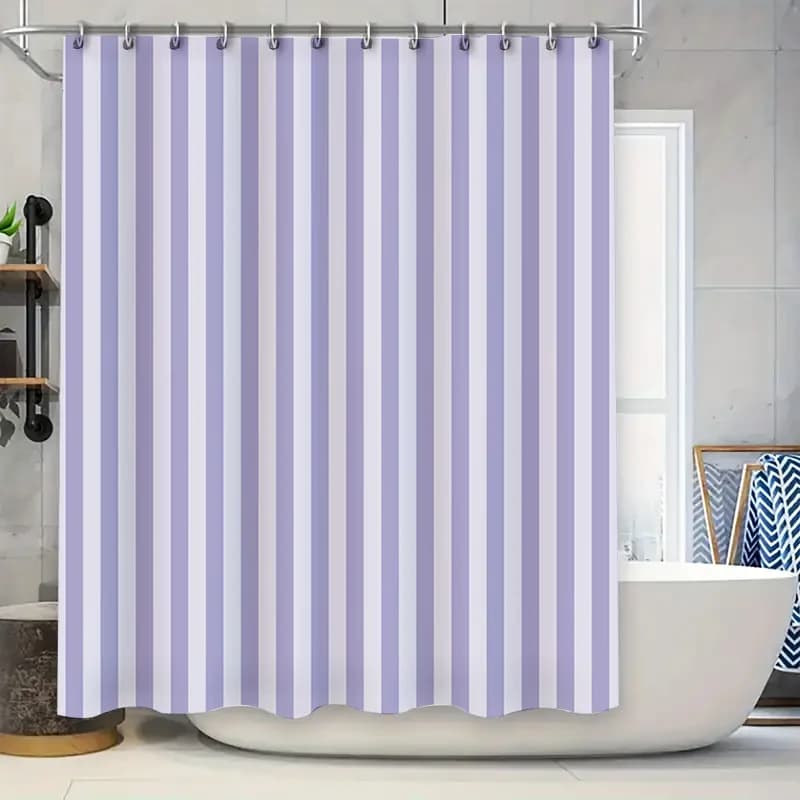 Tenda da doccia moderna con motivo a strisce 3D, colori bianco lavanda per l'arredamento del bagno