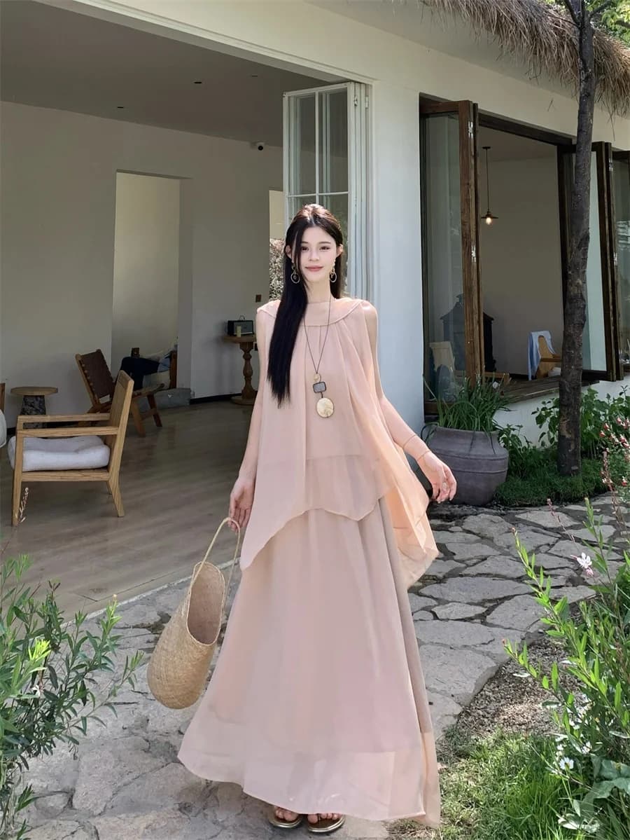 Elegante Completo Estivo da Donna con Gonna Rosa a Vita Alta Senza Maniche, Set Due Pezzi Stile Casual per il Lavoro