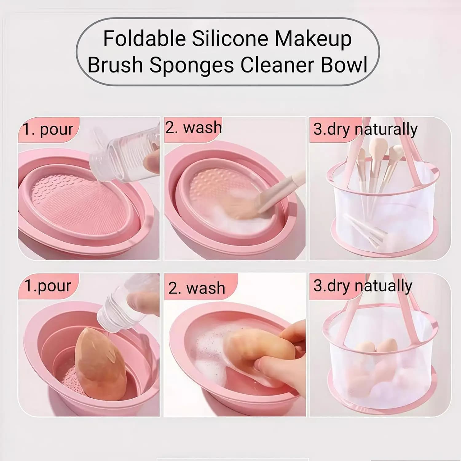 2PCS Pink Silicone Makeup Brush Cleaner Mat Foldable Portable Beauty Blender Scrubber Pad Cosmetic Brush Washing Tool with Cat Ear Design