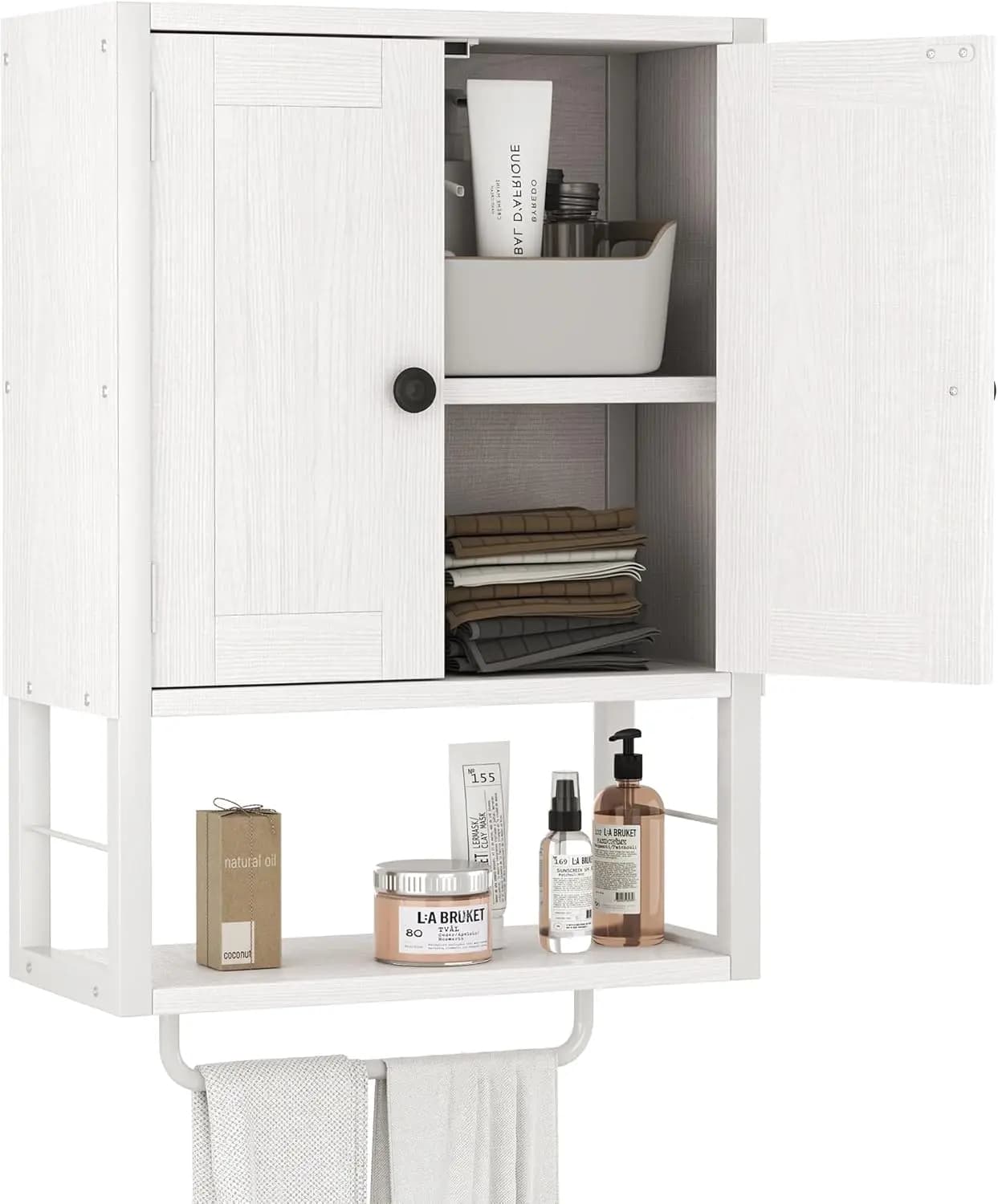 Mobiletto Rustico da Parete con Due Ante Scorrevoli, Ripiano e Portasciugamani per Bagno, Soggiorno, Cucina