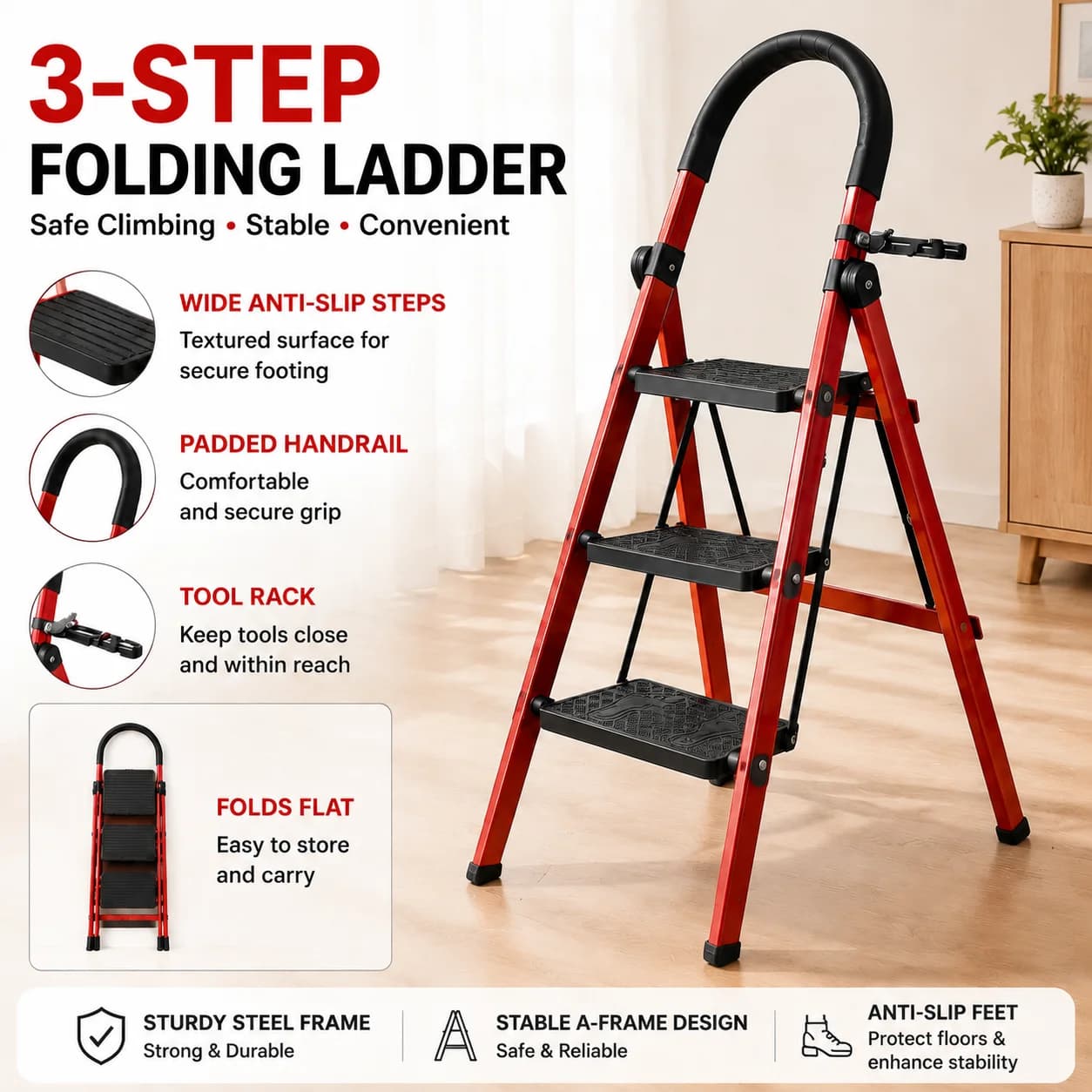 3 Step Folding Ladder Step Stool with Handrail and Tool Holde Portable Steel Frame Safety Ladder with Wide Anti Slip Steps Reinforced A Frame Structure Non Slip Rubber Feet Stable Climbing Ladder for Home Kitchen Office Garage Closet Storage and DIY