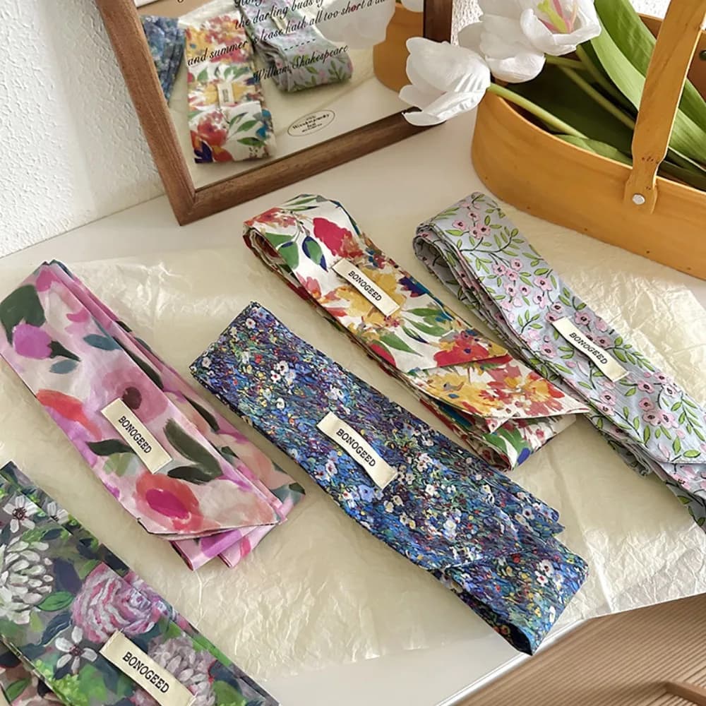 Elegante Sciarpa in Cotone con Stampa a Olio, Sottile, Lunga, con Motivo a Tulipano, Nastro Verticale a Righe e Pois, Cintura per Matrimonio