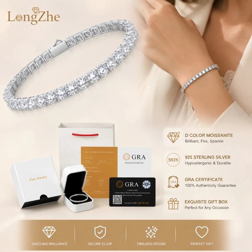 Bracciale Tennis di Lusso con Moissanite Colore D per Donna e Uomo, in Argento Sterling 925, con Certificato GRA, Gioiello da Matrimonio, Idea Regalo