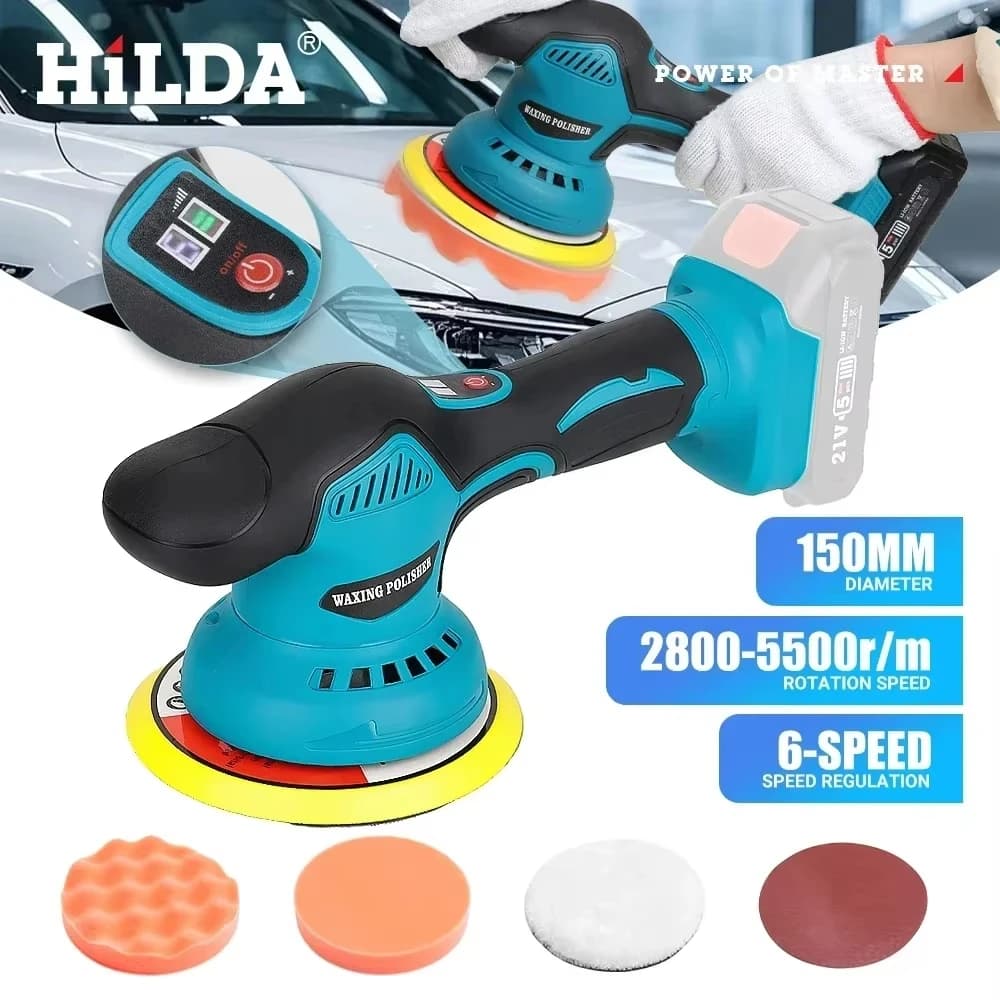 Lucidatrice per auto HILDA a 6 velocità con display digitale, lucidatrice elettrica senza fili per auto, macchina per lucidatura e ceratura auto, compatibile con batteria Makita 21V