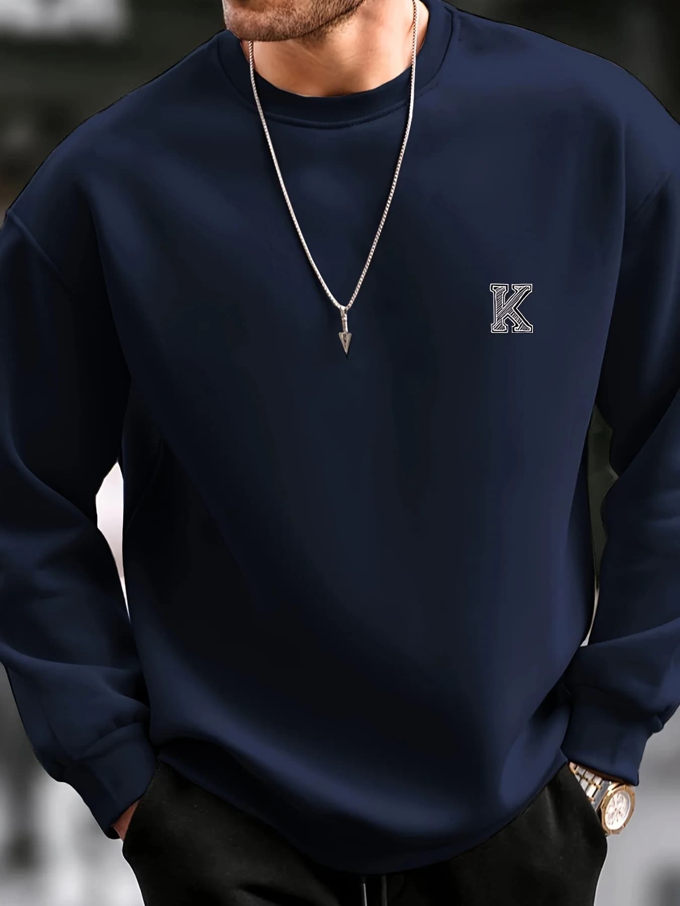 Men's autumn and winter fashionable casual loose letter K graphic print long sleeved round neck sweatshirt