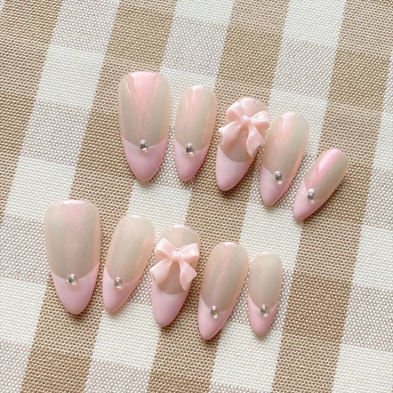 10PCS Pink Handmade Press on Nails French Almond Fake Nails Reusable Adhesive False Nails Aurora Bowknot Design Tips Wedding