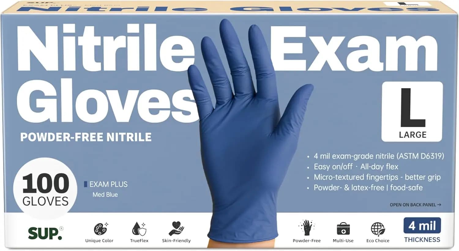 Guanti da Esame in Nitrile Blu, Confezione da 100, Senza Polvere, Senza Lattice, Adatti per Alimenti, Monouso