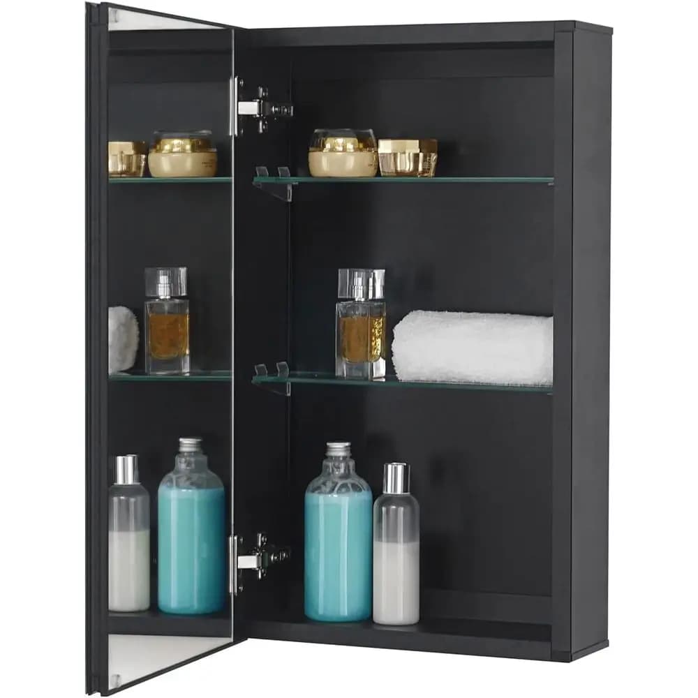 Armadietto dei medicinali 14 x 24 pollici Dimensioni specchio, montaggio da incasso o superficiale, pensile per bagno in alluminio nero con specchio e adj