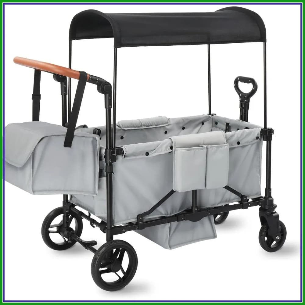 Passeggino Carrozzina Pieghevole 3-in-1 Spingi e Tira per 2, Ruote All-Terrain, Tettuccio, Organizer, Imbracatura a 5 Punti