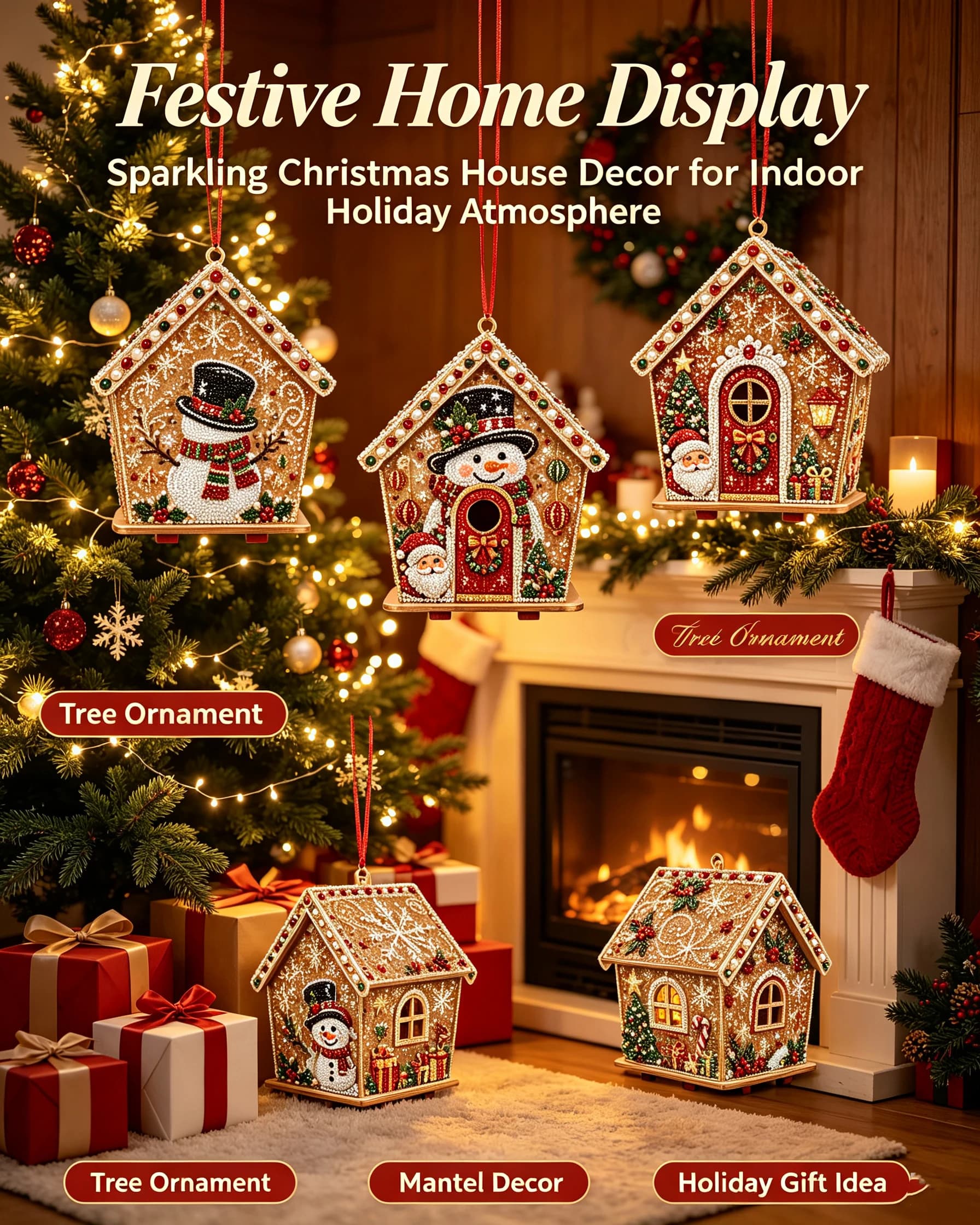 DIY Pearl Art Christmas House Diamond Painting Kit Gingerbread House Shape Xmas Hanging Ornament Set for Home Holiday Decor Gift