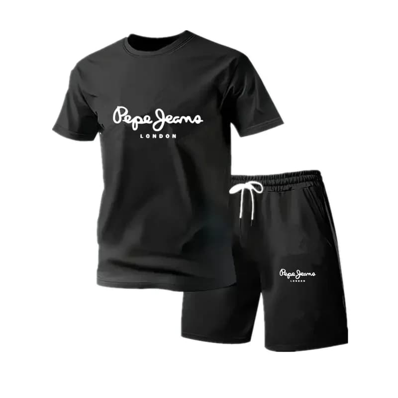 New summer fitness sportswear for men, short-sleeved T-shirt and shorts two-piece set, breathable and quick-drying casual wear.