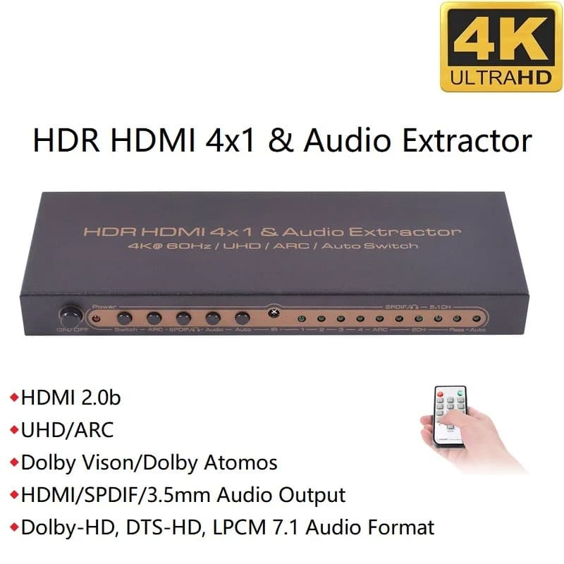 Switch HDMI 4x1 4Kx2K 60Hz SPDIF Toslink Digitale 5.1 Uscita audio HDMI 7.1 HDR UHD ARC Convertitore estrattore audio HDMI 4 in 1 uscita
