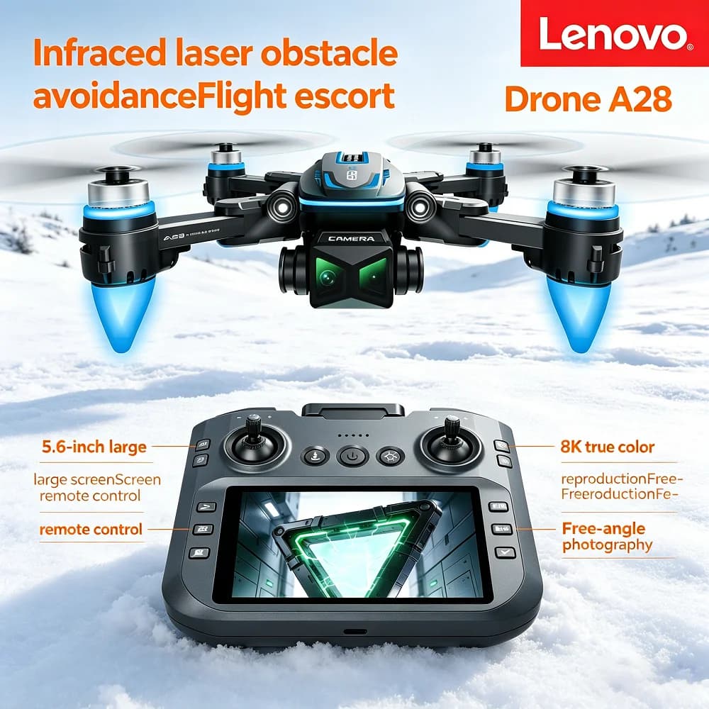 Drone Lenovo A28 con Telecamere 4K/8K, Infrarossi per Evitamento Ostacoli, Posizionamento Ottico, Hover, Motore Brushless, Telecomando e Funzione Quadcopter