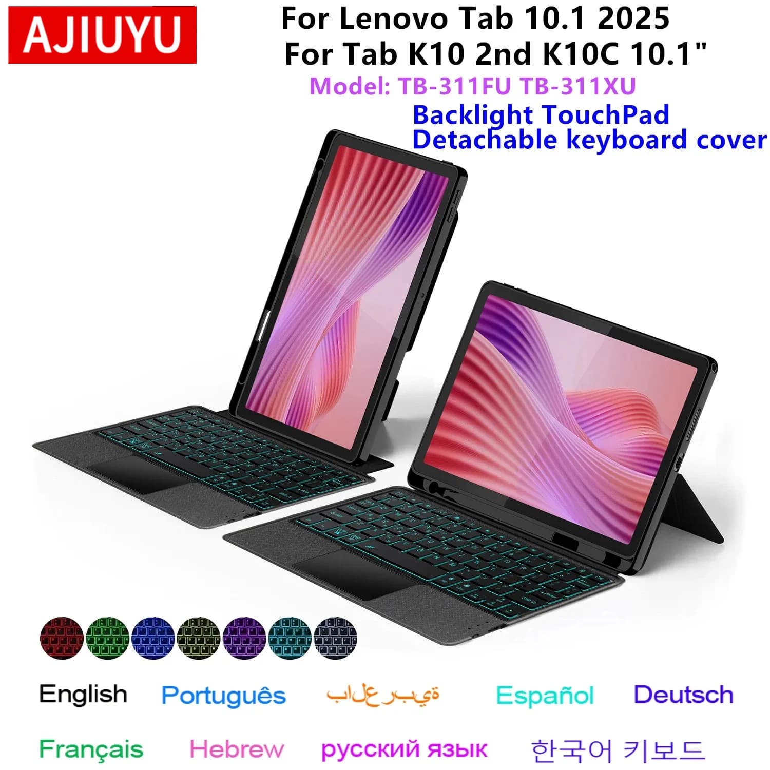 Tastiera TouchPad AJIUYU per Lenovo Tab 2025 10.1" K10C TB311XU TB311FU Tablet da 10.1 pollici Cover con supporto per tastiera retroilluminata intelligente