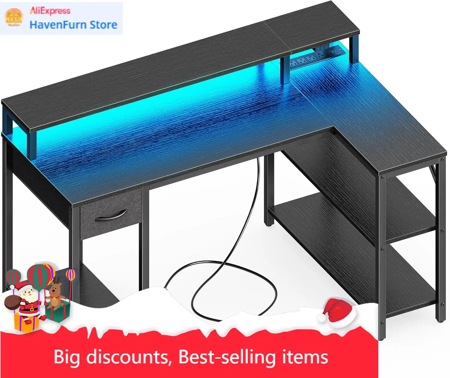 47-inch L-shaped gaming desk with LED lights and sockets, reversible computer desk with shelves and monitor support, corner desk