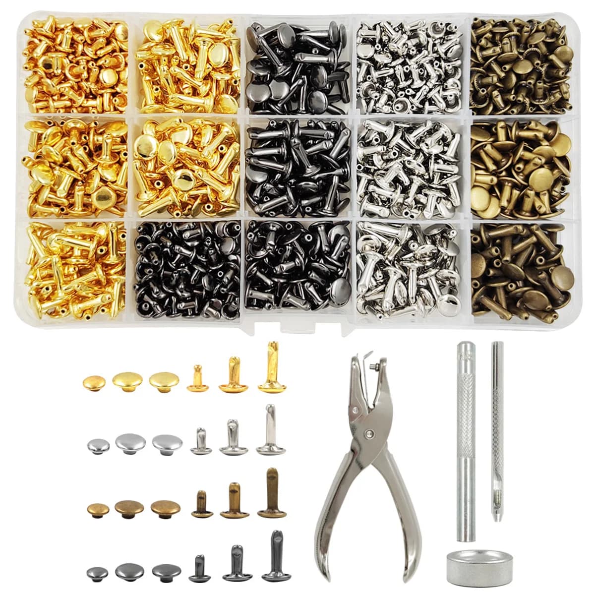 240/480set metallo doppio tappo rivetto perno chiodo rotondo Spike con kit di attrezzi per Leathercraft scarpe fai da te borsa cintura accessori di abbigliamento