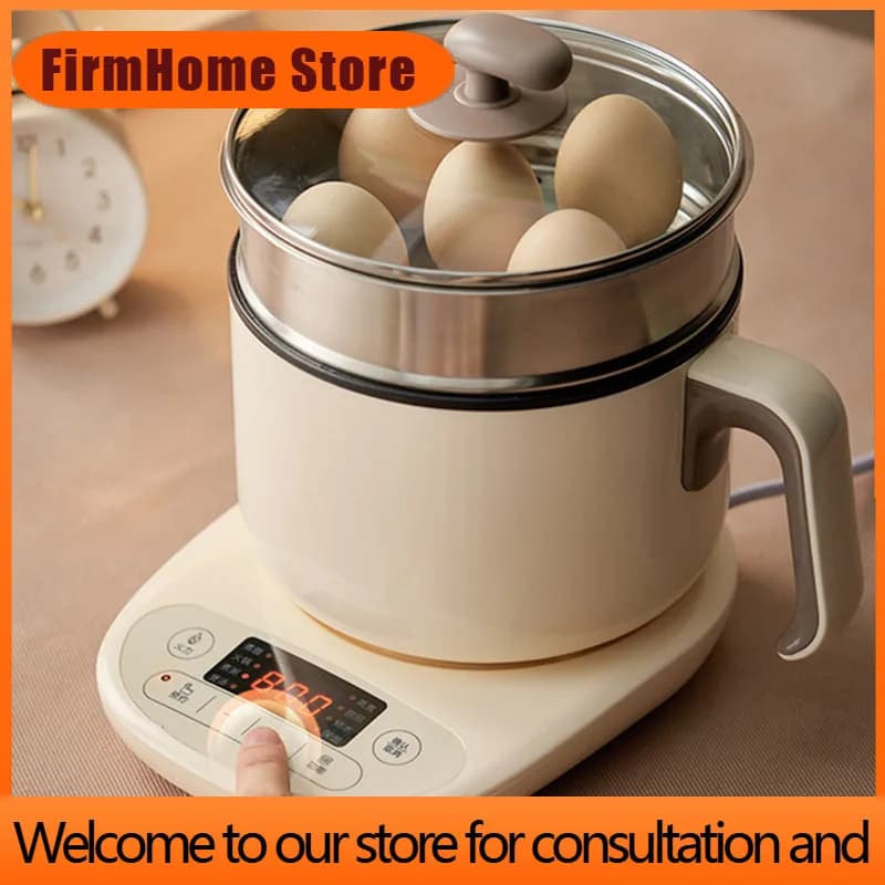 FirmHome Store220V Mini Steaming Cooking Pot Machine Portable Rice Cooker Non-stick Frying Pan 1.2L With Stainless Steel Steamer