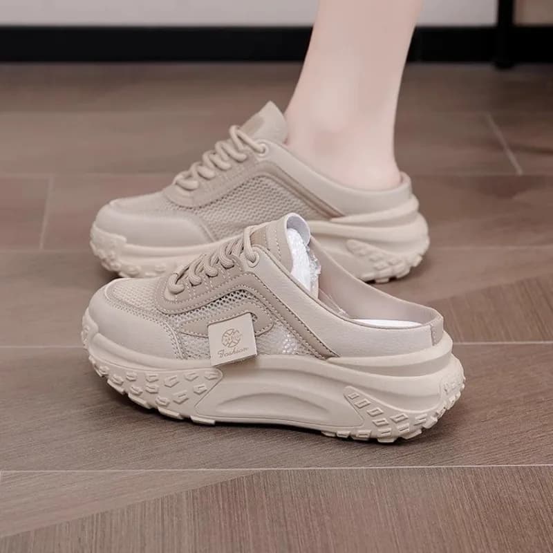 Summer Women Backless Mule Sneakers Mesh Breathable Lace‑Up Platform Chunky Shoes Slip‑On Outdoor Casual Sport Lazy Ladies