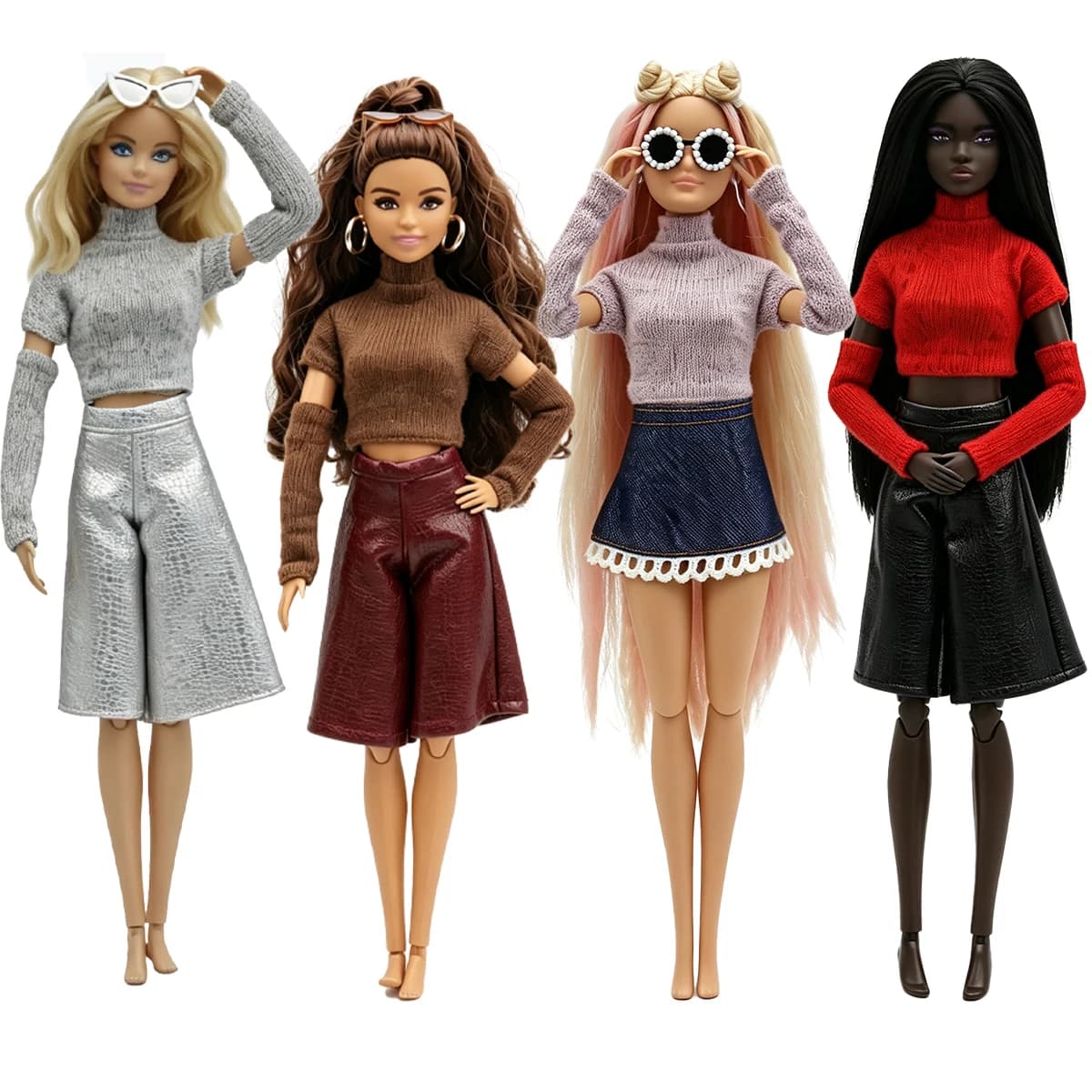 29 cm 4 Sets Fashion Doll Clothes for Barbie Doll Knitted Turtleneck Crop Top with Arm Sleeves PU Leather Shorts Skirt Outfits