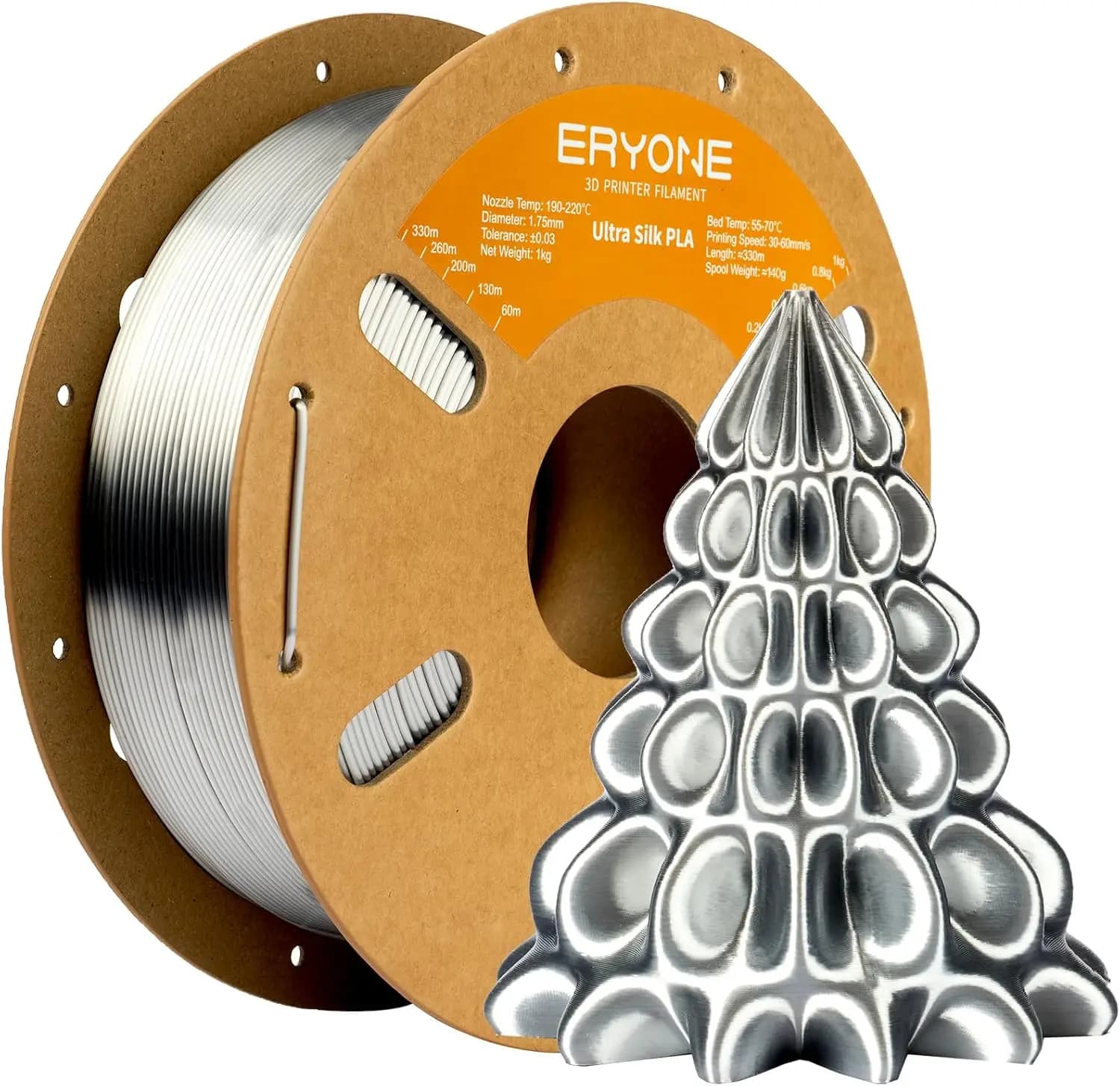 Silk PLA+ Filament 1.75mm, Glossy Finish, 1kg Spool, Silver - Perfect for FDM Printers