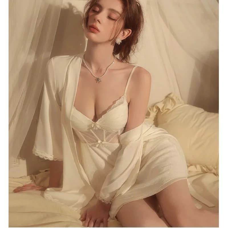 Twinset Set Vestaglia Estiva in Pizzo a Rete da Donna, Kimono, Camicia da Notte con Bretelle, Lingerie, Abbigliamento da Notte e da Casa d'4o