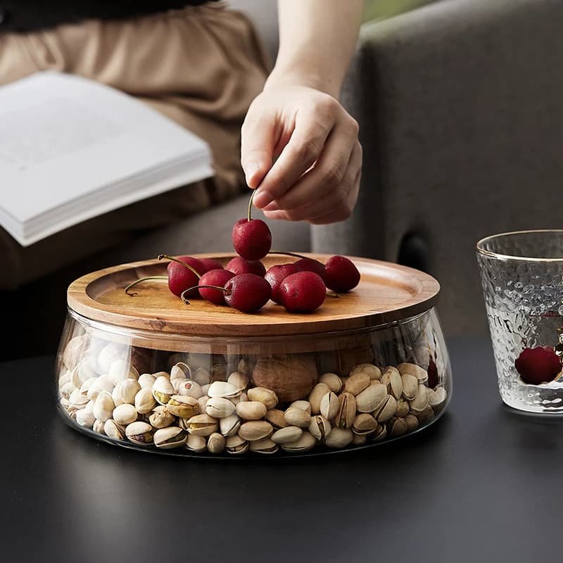 Light Luxury High-End Fruit Candy Snacks Dried Fruit Box for Home Use Nordic Japanese Style Creative Simple Wooden Glass Fruit Plate