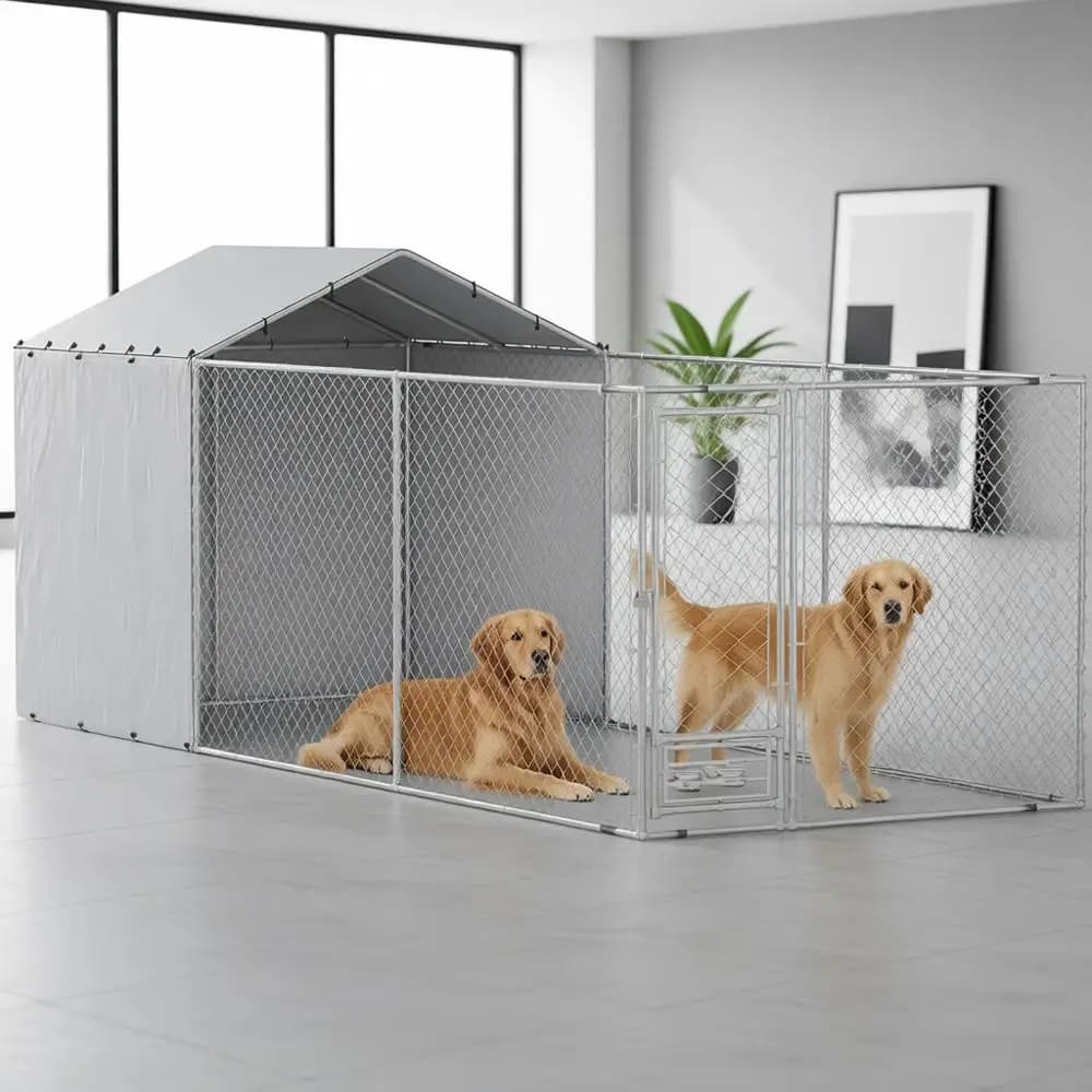 Grande Recinto per Cani da Esterno, Zincato Resistente, Copertura Impermeabile e Anti-UV, Ciotole Girevoli, Adatto per Cani di Taglia Media e Grande