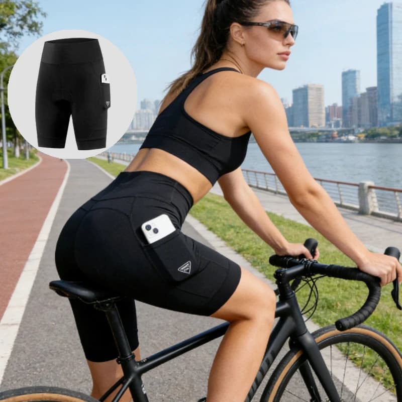 1 pair of 4D women's padded cycling shorts, breathable high waist cycling shorts with cycling pockets on road and mountain bike