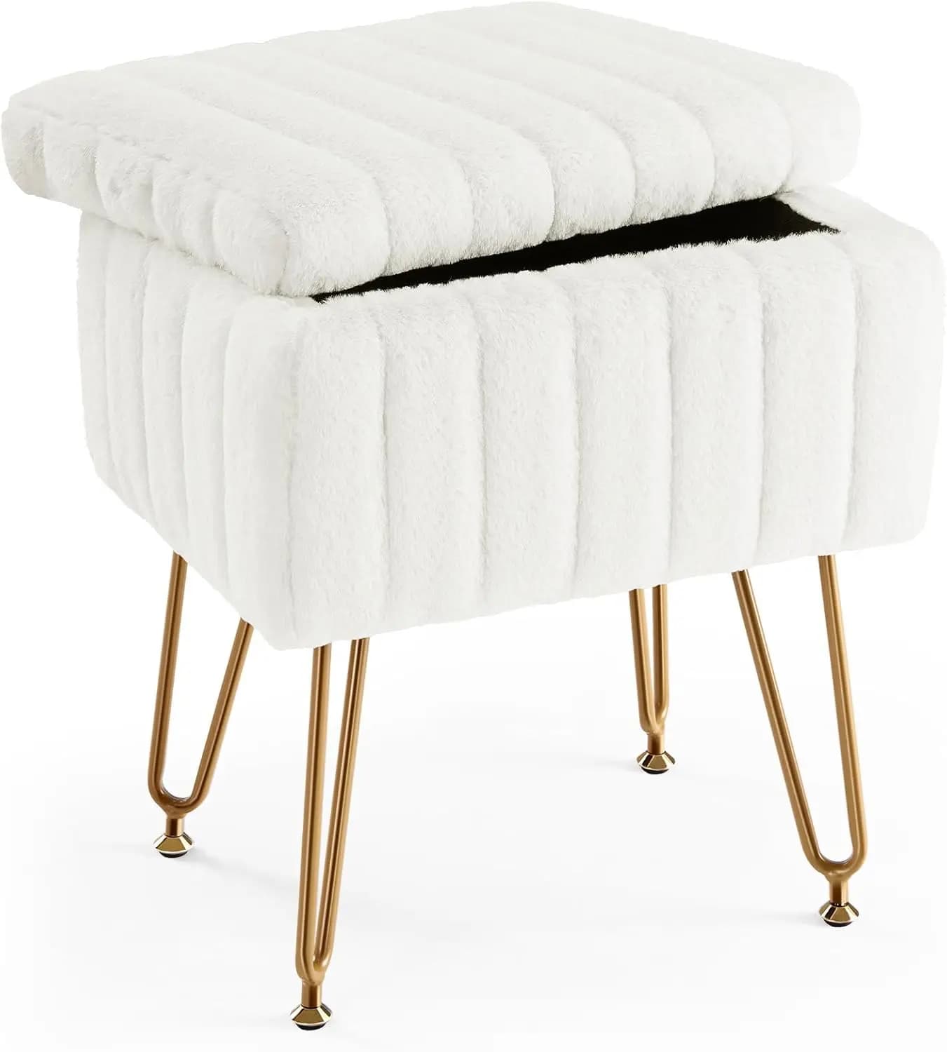 White Storage Vanity Stool, Faux-Fur Soft Padded Ottoman, 4 Metal Legs with Anti-Slip Adjustable Feet, Modern Cute Footrest for Entryways & Bedrooms